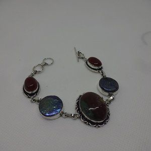 Natural "BLOODSTONE AGATE, BIWA PEARL & CARNELIAN" Handmade Sterling Bracelet